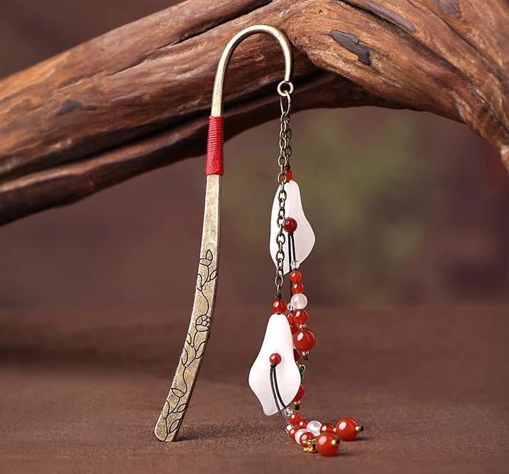 家佳樂文學古典精美白玉紅瑪瑙流蘇創(chuàng)意書簽