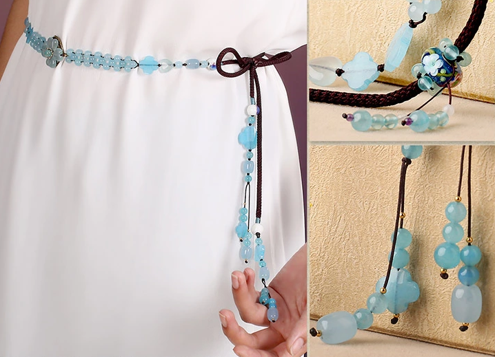 復古藍色彩玉裙子腰帶腰鏈