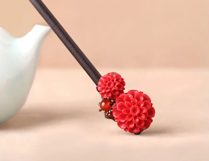 家佳樂(lè)文學(xué)漆雕花朵民族風(fēng)紅色簪子新娘頭飾