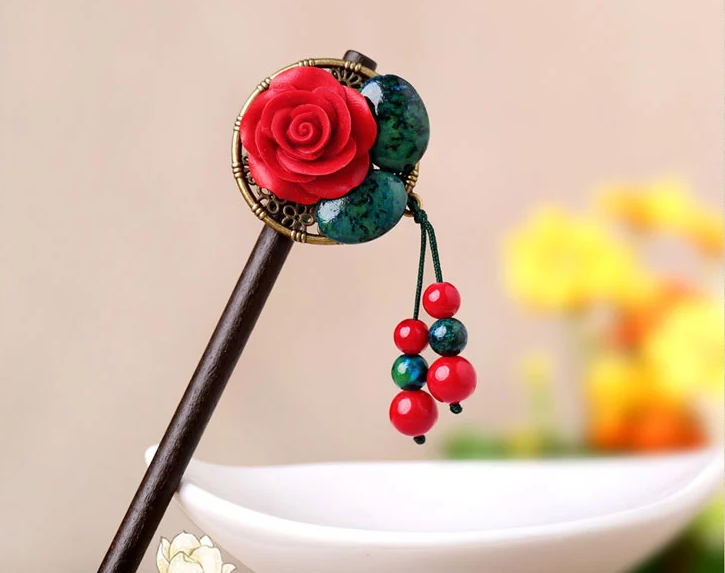 家佳樂文學(xué)漆雕花朵民族風(fēng)流蘇簪子頭飾