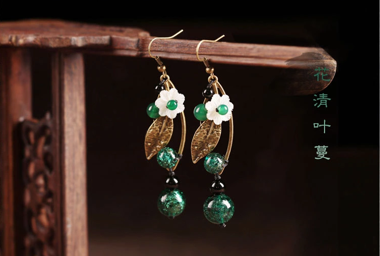 樹葉長款耳墜小清新復古貝殼琉璃耳環(huán)首飾