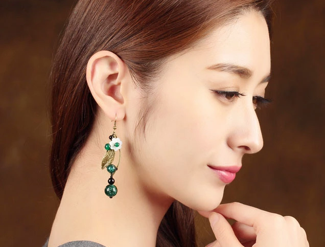 樹葉長款耳墜小清新復古貝殼琉璃耳環(huán)首飾