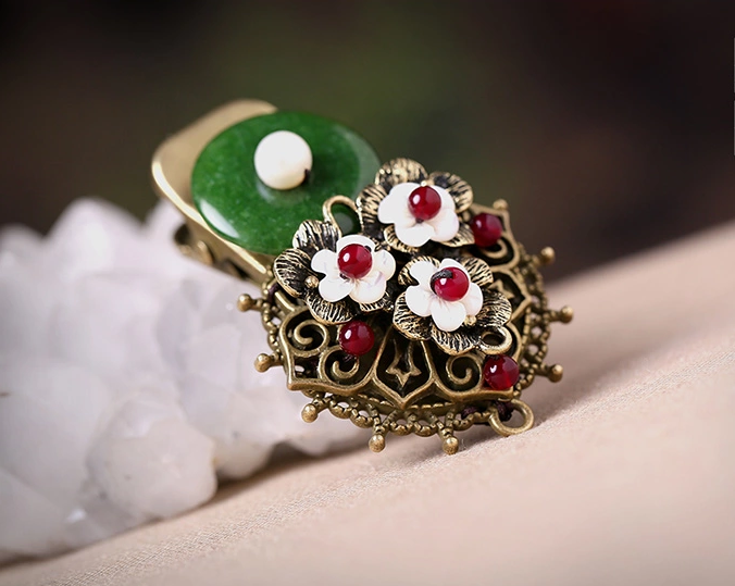 時(shí)尚家佳樂(lè)文學(xué)頭飾，復(fù)古民族風(fēng)綠彩玉扣發(fā)夾