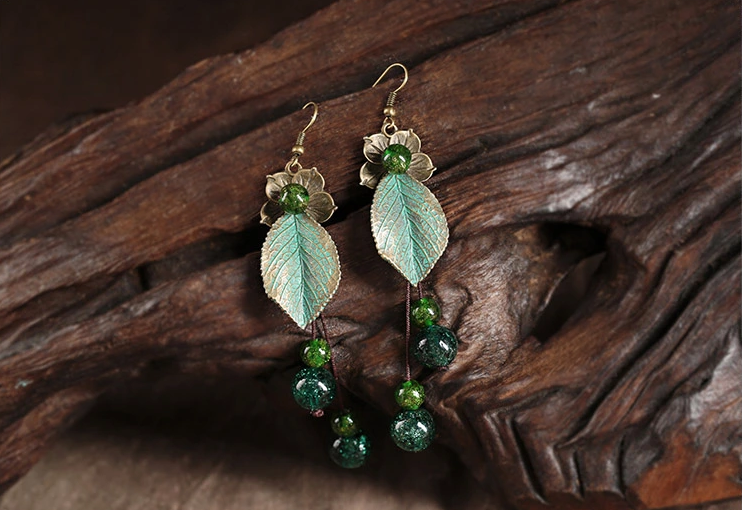 民族風(fēng)樹(shù)葉綠色琉璃耳墜氣質(zhì)復(fù)古耳環(huán)