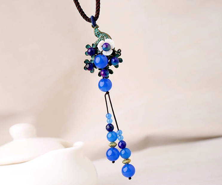 藍色瑪瑙吊墜民族風(fēng)項鏈毛衣鏈