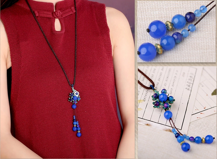 藍色瑪瑙吊墜民族風(fēng)項鏈毛衣鏈