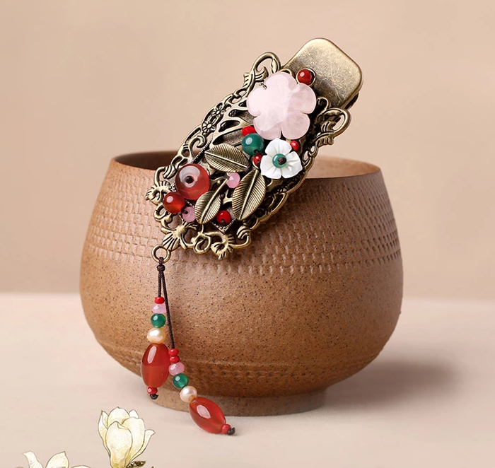 復(fù)古粉水晶中式頭飾古典鴨嘴夾發(fā)夾