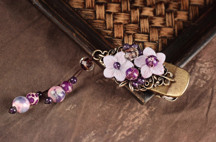 淡紫色貝殼花發(fā)夾，復(fù)古風(fēng)流蘇頭飾