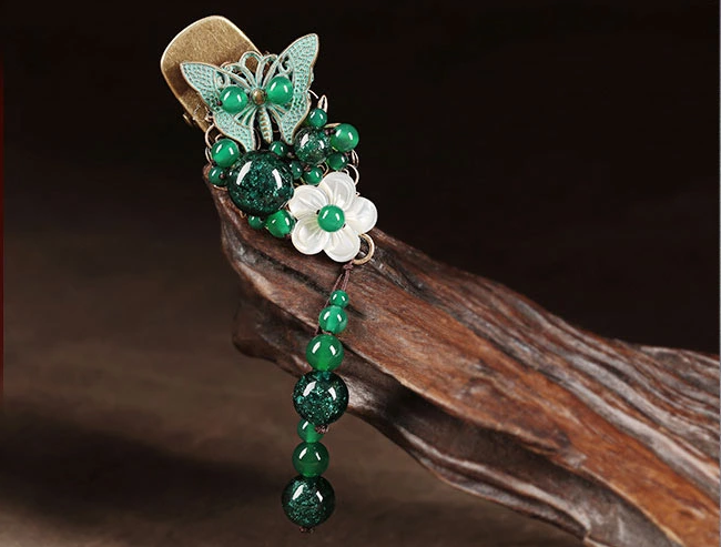 古風(fēng)蝶花林發(fā)夾，琉璃流蘇鴨嘴夾頭飾