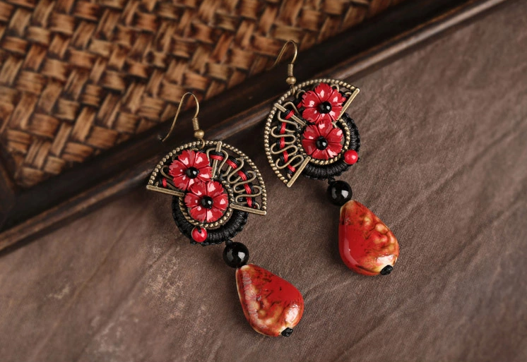 紅花朵陶瓷家佳樂文學耳環(huán)首飾