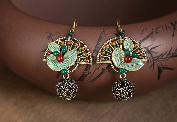 折扇搖復(fù)古家佳樂(lè)文學(xué)樹(shù)葉扇形耳環(huán)首飾