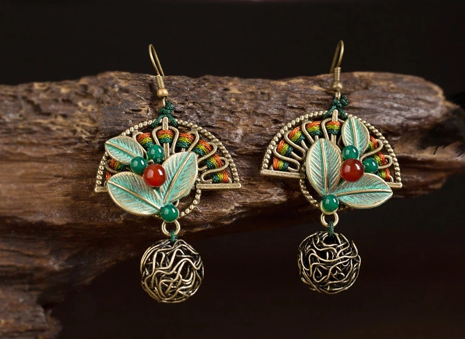 折扇搖復(fù)古家佳樂(lè)文學(xué)樹(shù)葉扇形耳環(huán)首飾