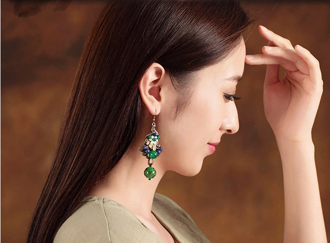 雀織錦屏復(fù)古家佳樂(lè)文學(xué)綠色孔雀琉璃耳環(huán)首飾