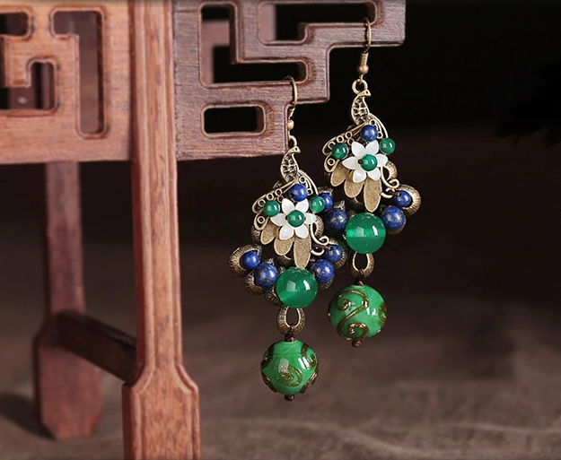 雀織錦屏復(fù)古家佳樂(lè)文學(xué)綠色孔雀琉璃耳環(huán)首飾