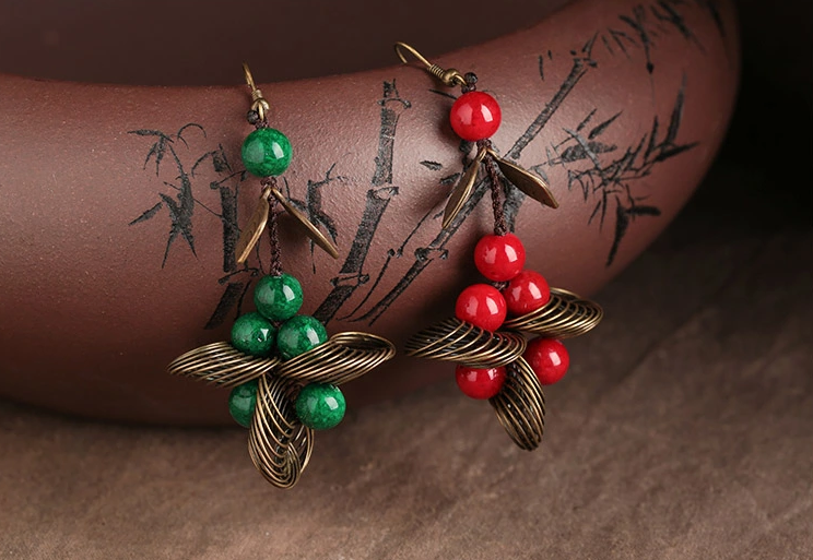 紅綠個性復古耳環(huán)手工首飾