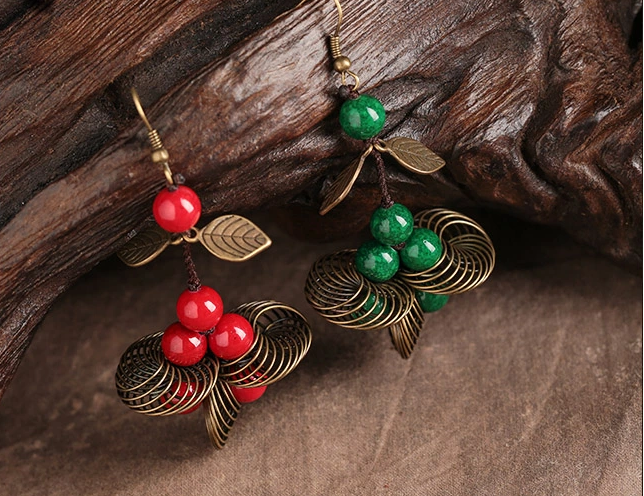 紅綠個性復古耳環(huán)手工首飾