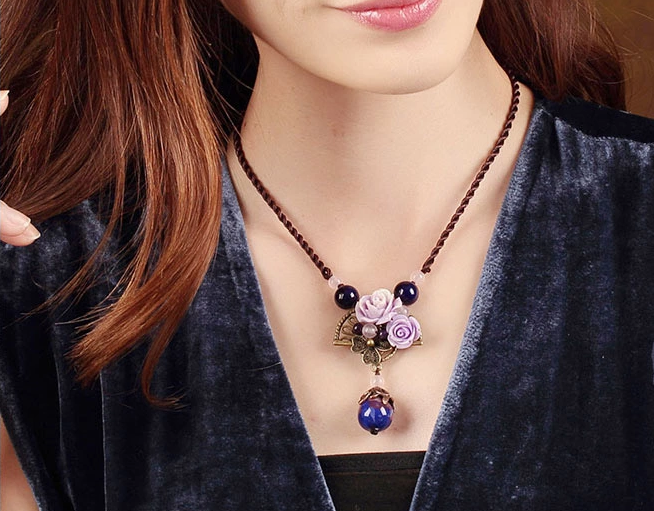 貝殼紫玫瑰花朵吊墜鎖骨鏈復古風項鏈