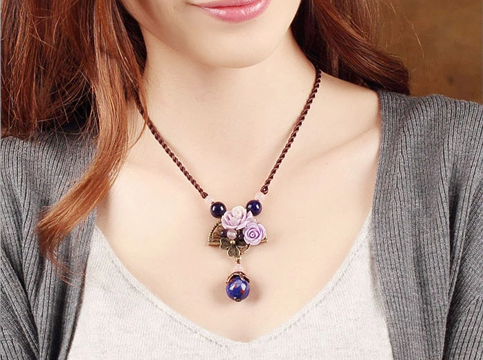 貝殼紫玫瑰花朵吊墜鎖骨鏈復古風項鏈