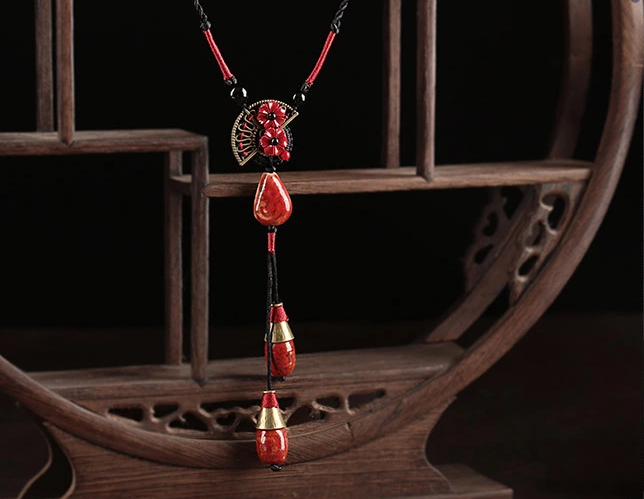 紅陶瓷吊墜復古風毛衣鏈項鏈首飾