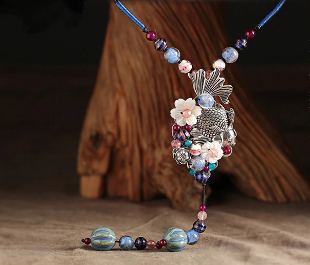 復古魚吊墜家佳樂文學風毛衣鏈項鏈首飾