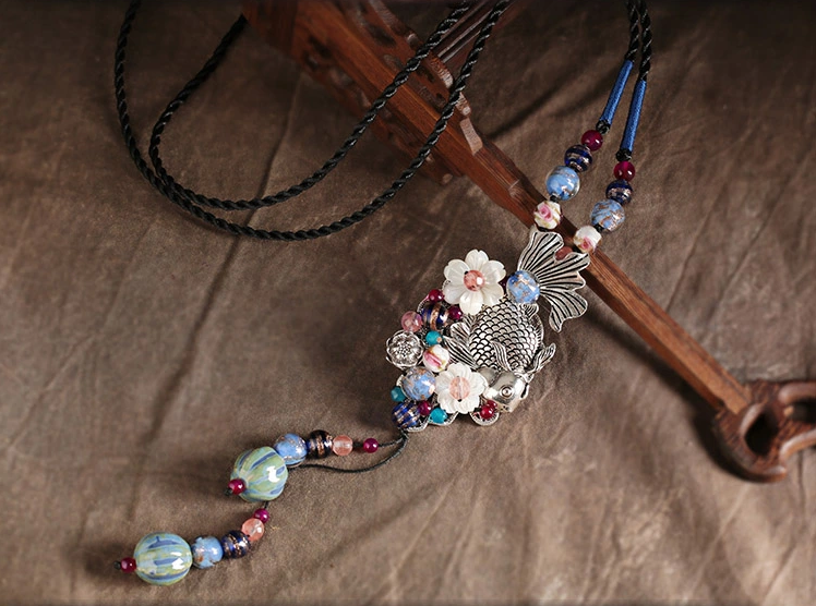 復古魚吊墜家佳樂文學風毛衣鏈項鏈首飾