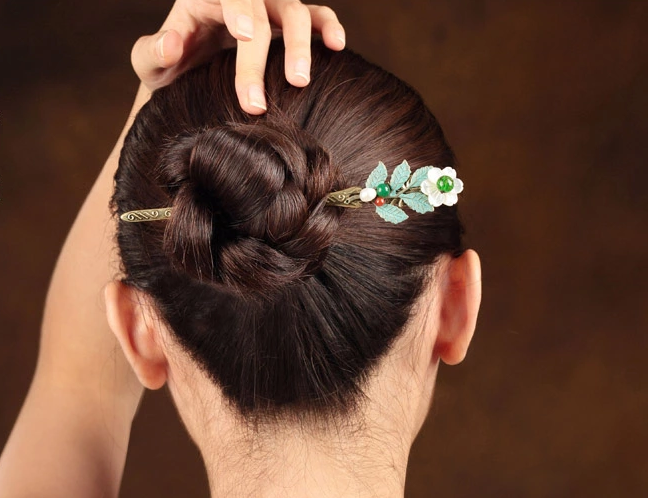 清依古典貝殼花朵古銅葉子簪子盤(pán)發(fā)頭飾