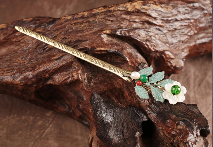 清依古典貝殼花朵古銅葉子簪子盤(pán)發(fā)頭飾