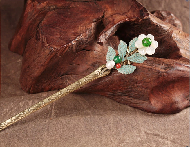 清依古典貝殼花朵古銅葉子簪子盤(pán)發(fā)頭飾