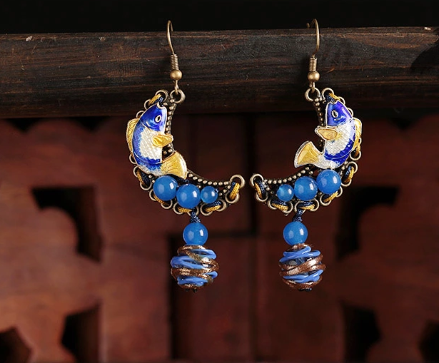 家佳樂文學古典耳環(huán)，景泰藍魚耳墜首飾