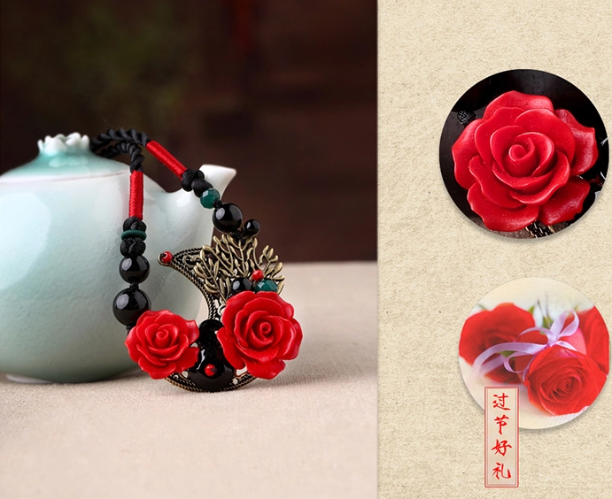 家佳樂文學(xué)紅色玫瑰吊墜復(fù)古項(xiàng)鏈新娘首飾