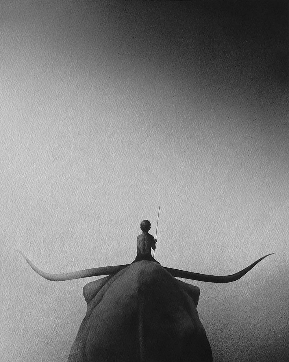 黑白水彩手繪裝飾畫，孩子與野獸