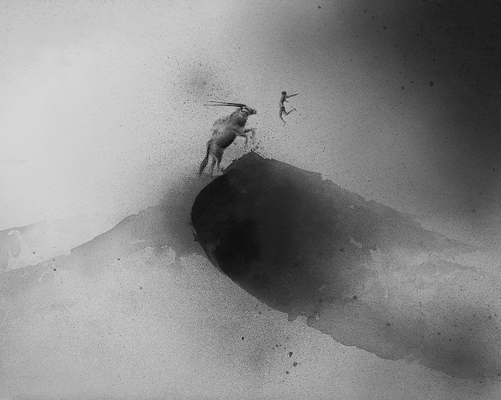 黑白水彩手繪裝飾畫，孩子與野獸