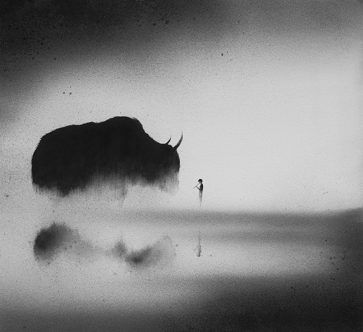 黑白水彩手繪裝飾畫，孩子與野獸