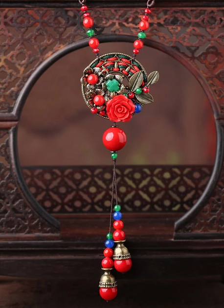家佳樂文學(xué)紅色配飾民族風(fēng)吊墜長款項(xiàng)鏈