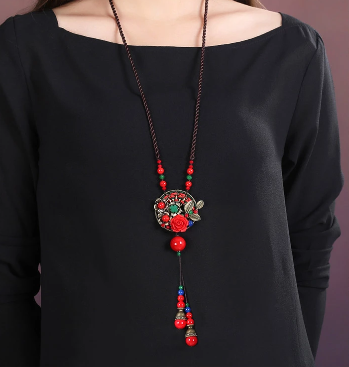 家佳樂文學(xué)紅色配飾民族風(fēng)吊墜長款項(xiàng)鏈