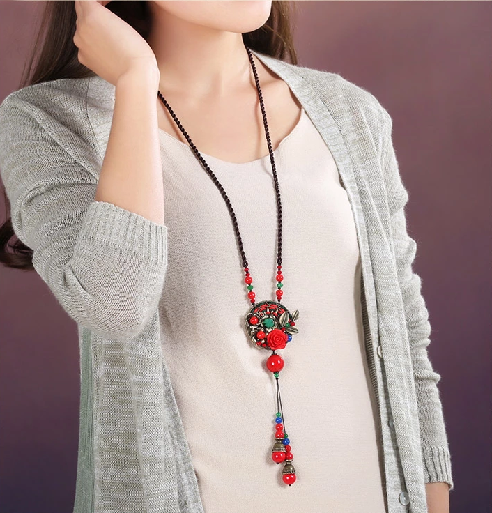 家佳樂文學(xué)紅色配飾民族風(fēng)吊墜長款項(xiàng)鏈