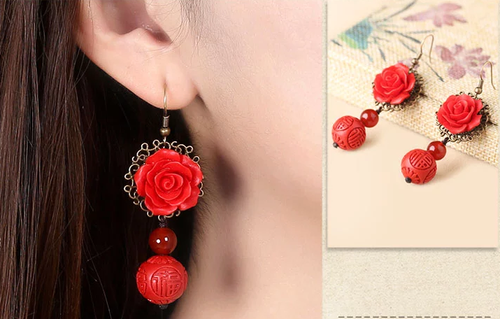 家佳樂文學(xué)紅色耳墜新娘配飾漆雕耳環(huán)