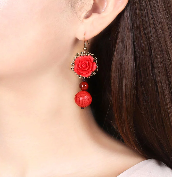 家佳樂文學(xué)紅色耳墜新娘配飾漆雕耳環(huán)