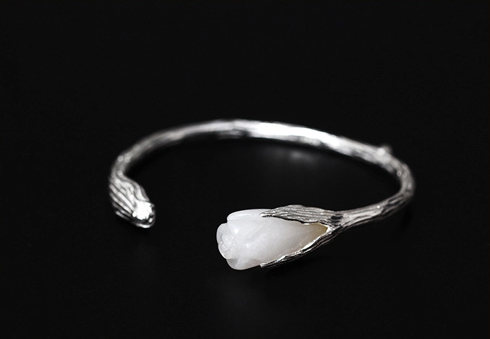 家佳樂文學(xué)復(fù)古風(fēng)白玉蘭花開口手鐲