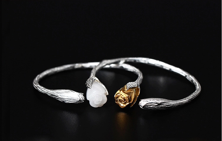 家佳樂文學(xué)復(fù)古風(fēng)白玉蘭花開口手鐲