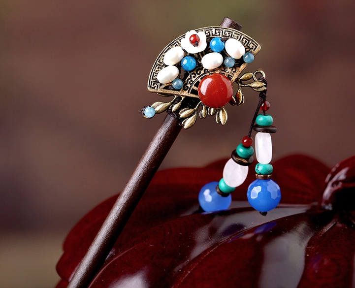 復古發(fā)簪扇形步搖木簪古典盤發(fā)簪子頭飾