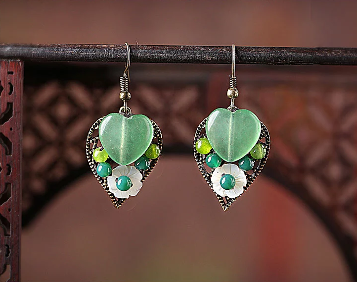 家佳樂文學(xué)復(fù)古氣質(zhì)首飾樹葉吊墜綠色彩玉耳環(huán)