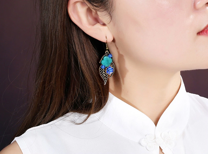 家佳樂文學(xué)金屬鏤空葉子首飾景泰藍(lán)耳墜清靈耳環(huán)