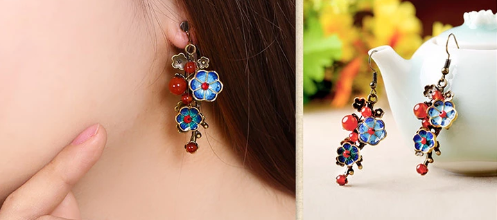 景泰藍小花民族風復古氣質首飾瑪瑙耳環(huán)