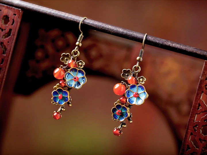 景泰藍小花民族風復古氣質首飾瑪瑙耳環(huán)