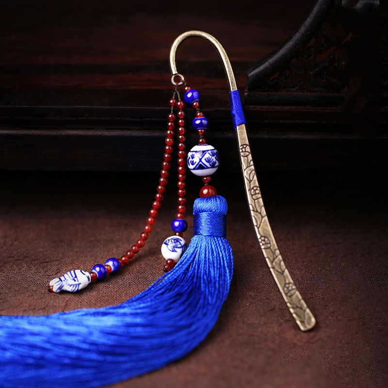 藍(lán)色家佳樂(lè)文學(xué)復(fù)古青花瓷古風(fēng)流蘇書(shū)簽