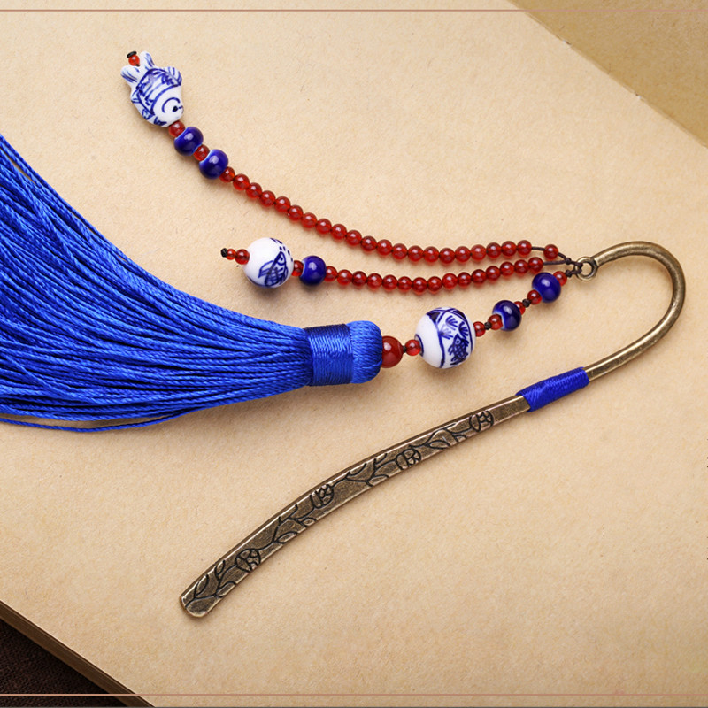 藍(lán)色家佳樂(lè)文學(xué)復(fù)古青花瓷古風(fēng)流蘇書(shū)簽