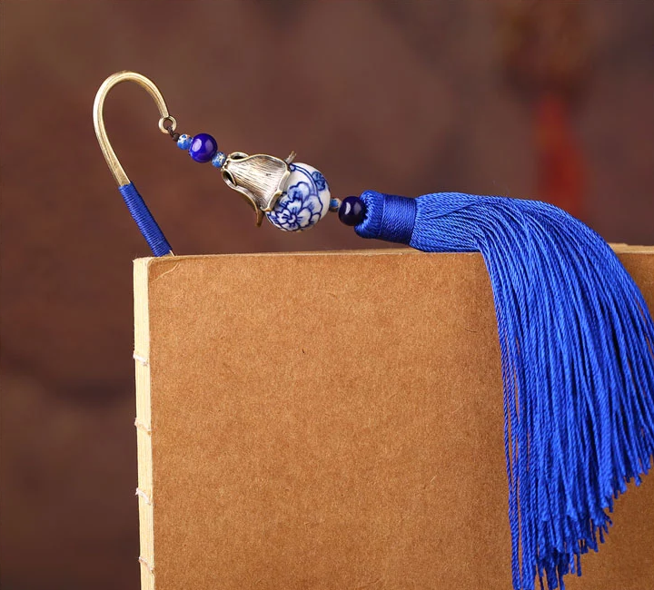 家佳樂文學手繪青花瓷古風藍色流蘇書簽