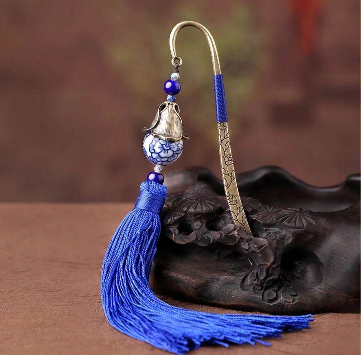 家佳樂文學手繪青花瓷古風藍色流蘇書簽