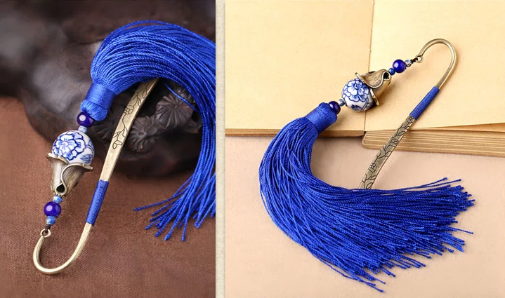 家佳樂文學手繪青花瓷古風藍色流蘇書簽